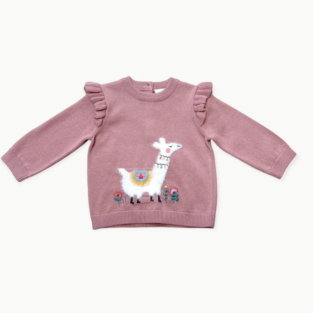 Viverano Llama Ruffle Baby Girl Pullover Sweater (Organic Cotton)